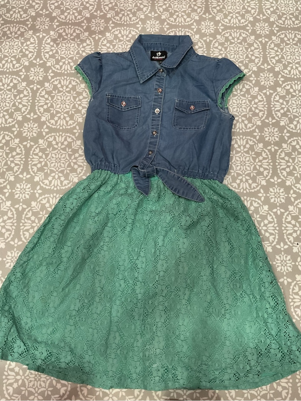 Dollhouse Girls Denim-Style Top & Green Lace Skirt Dress Size 14/16 New